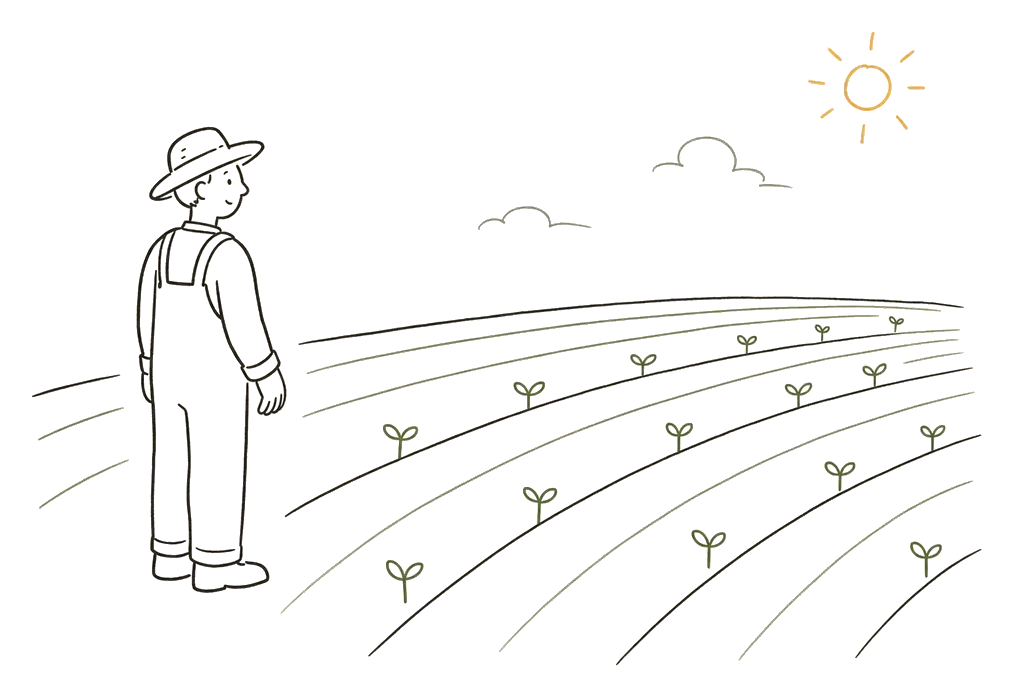 Hand-drawn farmer looking over field rows that double as neat lines of structured context, with small sprouts growing from them under a wheat-yellow sun